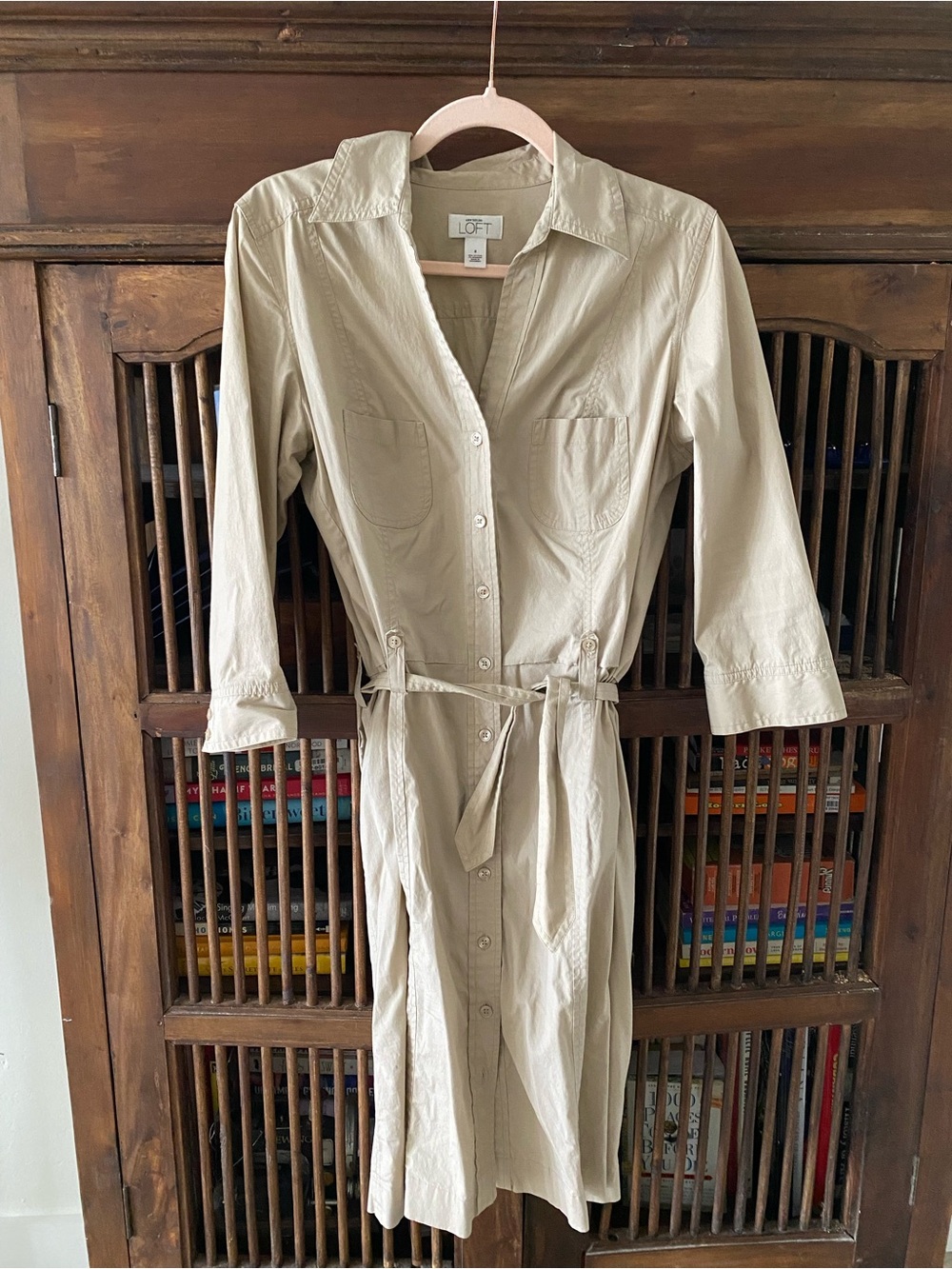 Vintage LOFT Cream Button-Front Shirt Dress with Waist Tie